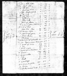 Historical handwritten inventory list with goods, animals, and values in British currency, dated documentation.