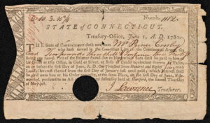 1780 Connecticut Treasury Note, partially handwritten, detailing payment for military service in the Continental Army.