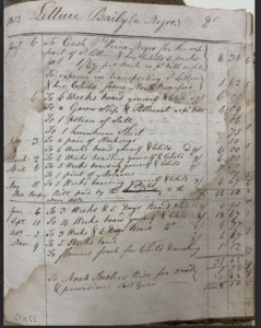 Antique ledger page with handwritten expenses from 1812, listing costs for transport, clothing, and provisions.