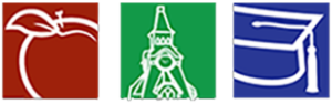 Three colorful square icons: red apple, green tower, blue academic cap, representing education and learning themes.