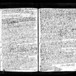 Old handwritten legal document with dense text on both pages, likely a will or contract, showcasing historical writing style.