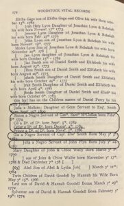 Page from Woodstock Vital Records listing births from the 18th century, including children and servants.