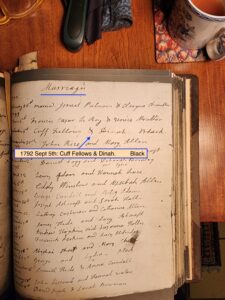 Old marriage register from 1792, showing handwritten entries for Cuff Fellows and Dinah on September 5th.