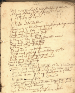 Handwritten 18th-century ledger page detailing debts and labor records.