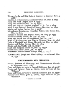 Page from Deerfield Marriages listing couples and dates, including identified and unidentified individuals.