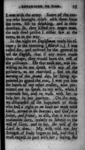 Old book page discussing army life, escape of an Englishman, and conversations about faith and mortality.