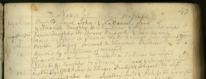 Old baptism record with handwritten names and dates from 1741, showcasing historical genealogy entries.