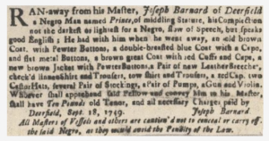 Historic runaway slave advertisement seeking a man named Prince with a reward, dated September 18, 1749.