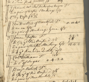 Handwritten 18th-century ledger page detailing trades and transactions, including stockings and sugar. Historic financial record.