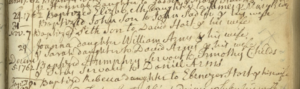 Handwritten 18th-century baptism records from a historical church register.