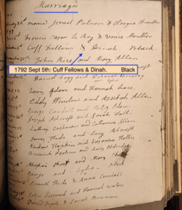 Historical marriage record from 1792, featuring Cuff Fellows & Dinah in handwritten script.