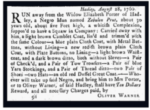 Historic 1760s runaway slave advertisement for Zebulun Prut, describing clothing and reward details.