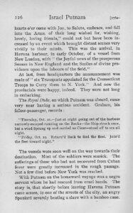 Page from a book about Israel Putnam's voyage, describing a near accident and journey challenges.