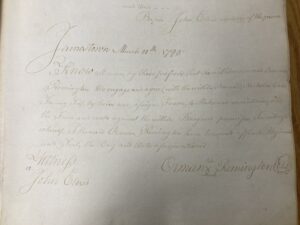 Historic document from Jamestown, dated March 10, 1795, with handwritten legal agreement text.