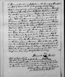 Handwritten 1830 document by Hannah Austin from Suffield, Connecticut, discussing a Revolutionary War era slave exchange.