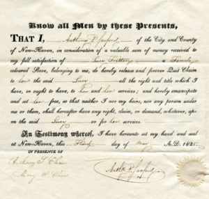 Historic 1825 slavery emancipation document releasing individual from servitude in New Haven, Connecticut.