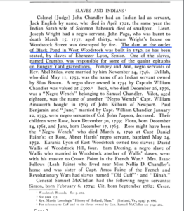 Historic document detailing slavery in Woodstock, mentioning Crumbo's epitaph work and the construction of Black Pond dam.