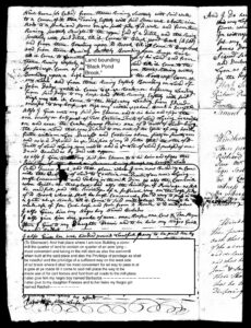 Handwritten legal document with markings highlighting Land bounding Black Pond Brook and a paragraph detailing property.