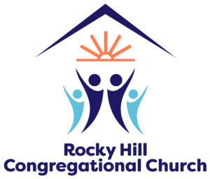Logo of Rocky Hill Congregational Church with abstract figures reaching towards a rising sun inside a house outline.