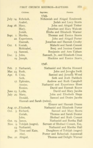 First Church Records: Baptism list from 1745-1746, including names of children and parents.