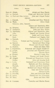 Scan of First Church baptism records listing children and their parents from 1750 to 1752, showcasing historical data.