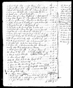 Handwritten 18th-century inventory list with livestock, goods, and prices detailed, showcasing historical trade practices.