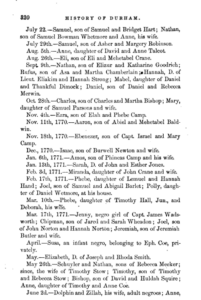 Historical record of births and family names listed from July 22 to June 24 in Durham's history.