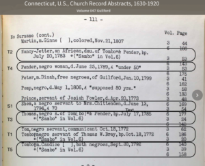 Page from Connecticut church records, 1630-1920, listing African-American individuals in Guilford.