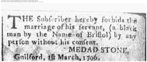 Historical newspaper advertisement forbidding servant's marriage without consent, dated March 3, 1796, Guilford.