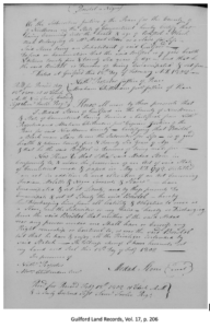 Handwritten 1802 Guilford Land Record mentioning Bristol Blackman, emancipation details, vol. 17, page 206.
