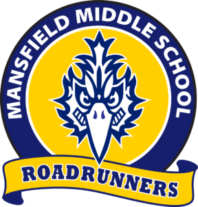Mansfield Middle School Roadrunners logo featuring a stylized bird emblem in blue and yellow circle.