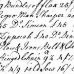 Handwritten historical ledger showing transactions and valuations, including goods, livestock, and references to individuals.