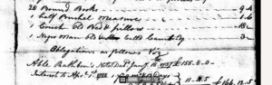 Historical handwritten document listing items and obligations, with prices, from the 18th century.