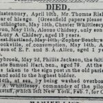 Obituary list from a historical newspaper showing deaths and ages, including Thomas Risley and Phillis Jackson.