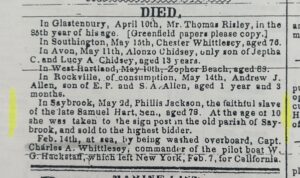 Obituary list from a historical newspaper showing deaths and ages, including Thomas Risley and Phillis Jackson.