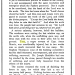 Page from a historical book detailing a past construction accident at a church; workers injured during window cap installation.
