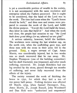 Page from a historical book detailing a past construction accident at a church; workers injured during window cap installation.