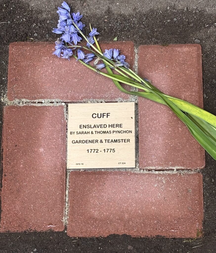 Brick sidewalk with plaque honoring Cuff, an enslaved gardener, with purple flowers laid on top.