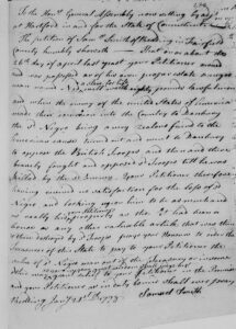 18th-century handwritten petition to the Connecticut General Assembly regarding compensation for an enslaved man, 1777.
