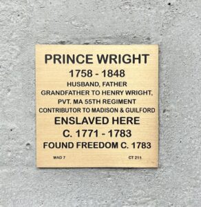Commemorative plaque for Prince Wright, highlighting life, enslavement, and freedom in the late 18th century.