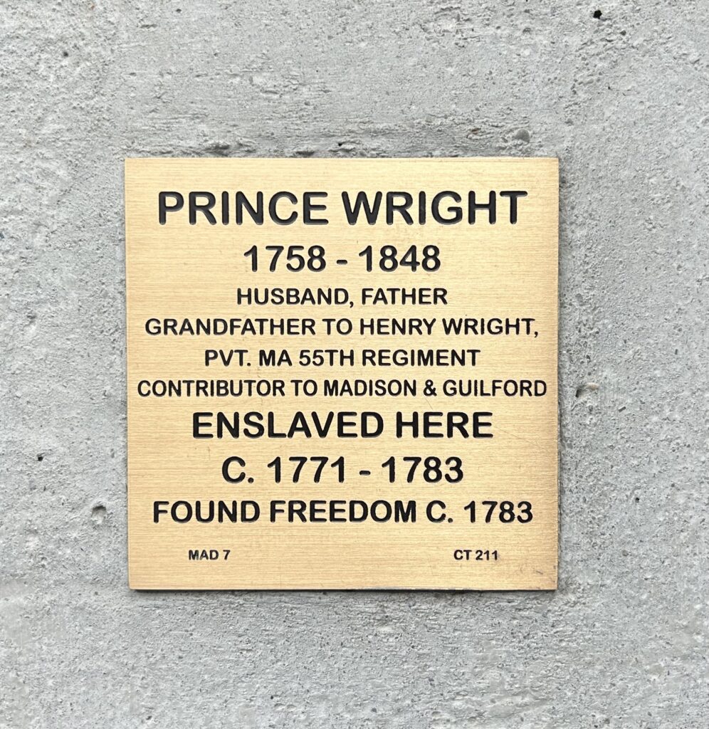 Commemorative plaque for Prince Wright, highlighting life, enslavement, and freedom in the late 18th century.