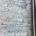 Old handwritten ledger page with red arrows highlighting dates and transactions from the 1780s.