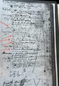 Old handwritten ledger page with red arrows highlighting dates and transactions from the 1780s.