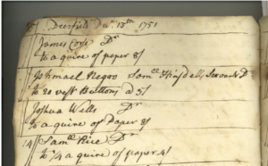 Historic handwritten ledger page from Deerfield, dated December 13th, 1751, listing transactions.