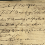 Close-up of a vintage handwritten ledger listing shoemaking entries and costs from December 1740.