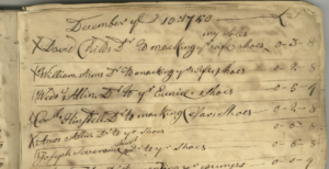 Close-up of a vintage handwritten ledger listing shoemaking entries and costs from December 1740.