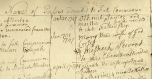 Historic church record listing names for full communion, dated 1747, handwritten in faded ink on aged paper.
