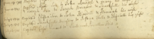 Vintage 1741 baptism record with handwritten entries, listing names and dates.