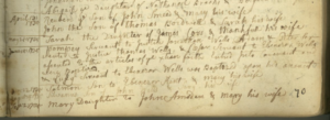 Historic handwritten baptism record entries from the 1700s, detailing names and dates for genealogical research.