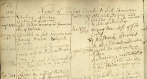 Historic church register from the 1700s listing names for full communion admission. Handwritten entries.